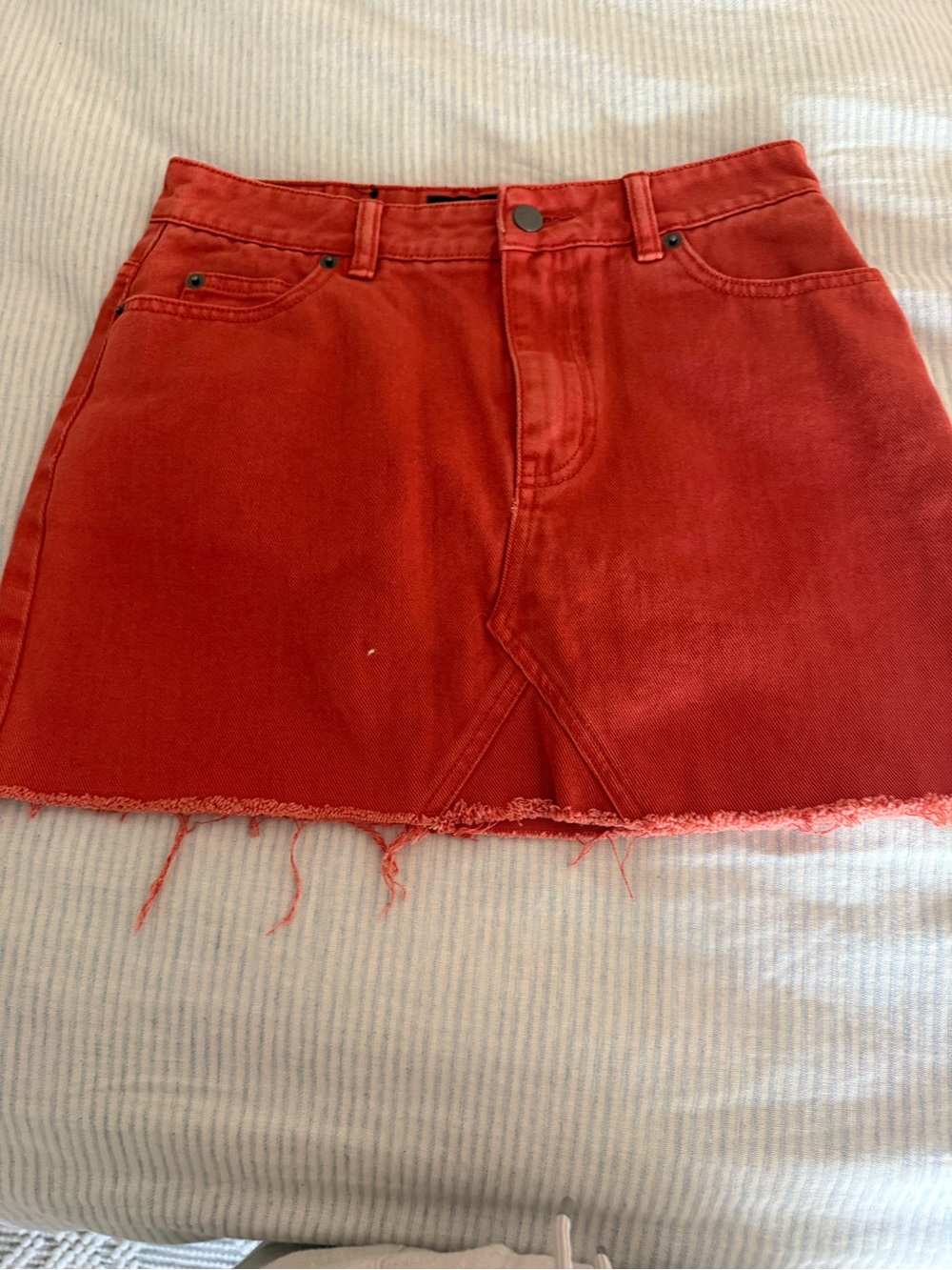 RVCA Orange-Red Denim Mini Skirt with Raw Hem
